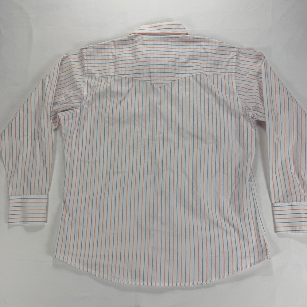 Wrangler Mens Western‎ Shirt XL Long Sleeve White Orange Blue Stripe Snap Button - Picture 2 of 9